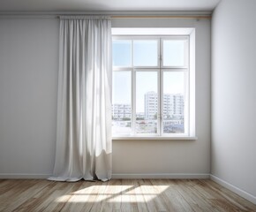 Fototapeta premium A bright, empty room with a large window, white curtains, and city views.