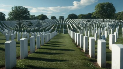 Rows of white tombstones in a vast cemetery