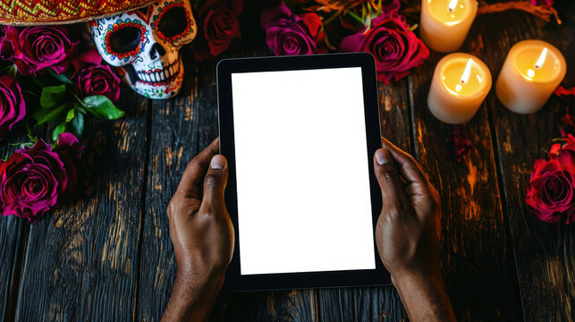 Online shopping on the day of the dead in Mexico. The mockup of the tablet is surrounded by a colorful decorative skull, armfuls of scarlet roses and burning candles. A man is holding a tablet