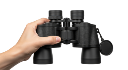a hand holds binoculars exploring new horizons, adventures await, isolated on transparent background