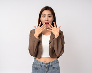 Wow Happy beautiful young asian woman excited pretty girl shout out loud wow with hands on mouth announcement shocked face standing pose looking camera on isolated white background.