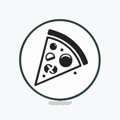 Minimalist black and white vector icon of a single pizza slice with assorted toppings, enclosed in a circle. A simple graphic symbol for a pizzeria, menu, or fast food concept