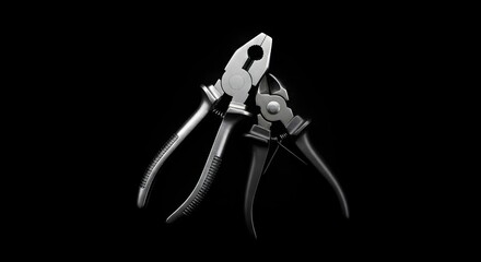 Monochrome still life of two intersecting combination pliers on a black background, representing concepts of teamwork, repair, and craftsmanship