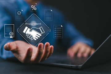 Innovative B2B purchasing and supplier management concept. Businessman using digital procurement system with icons representing approval, documents, and agreements.