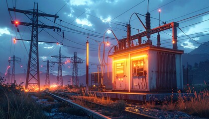 Electrical substation glows orange at dawn, surrounded by power lines and towers beneath a dramatic cloudy sky.