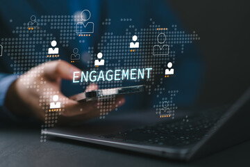 Digital data engagement and user interaction. Man using smartphone and laptop with global user icons and rating stars. Ideal for CRM, social media analytics, and customer experience design.