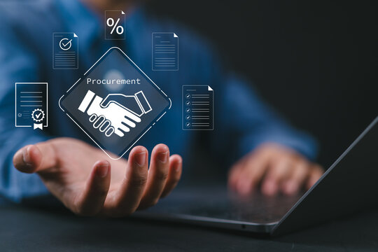 Innovative B2B purchasing and supplier management concept. Businessman using digital procurement system with icons representing approval, documents, and agreements. - Powered by Adobe