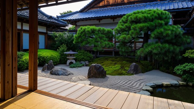 A traditional Japanese Zen garden with raked sand and moss. View of a karesansui landscape from a wooden veranda. Asian architecture and nature concept.