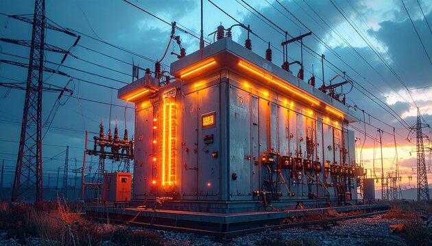 Electrical substation glows orange at dawn, surrounded by power lines and towers beneath a dramatic cloudy sky. - Powered by Adobe