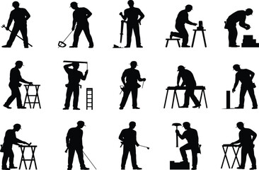 Silhouettes of Construction Workers Using Tools in Various Poses for Manual Labor, Safety Training, Industrial Work, and Vector Design