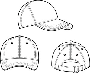 Baseball cap vector template, front back side view, fashion accessory, hat design outline, adjustable strap, headwear illustration, isolated graphic