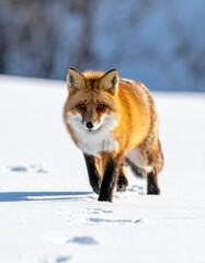 Obraz premium Red Fox Prowls Snowy Terrain, Captivating Winter Scene with Animal's Warm Fur