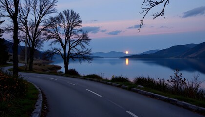Fototapeta premium romantic lakeside road with reflections of moon and stars.