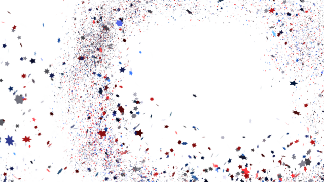festive pattern with flying, falling red, blue, white stars in colors of the United States' flag