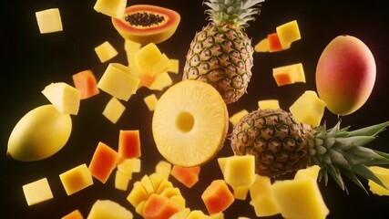 A vibrant explosion of fresh tropical fruits in motion. Sliced pineapple, juicy papaya, and ripe mango cubes are captured mid-air, creating a concept of healthy food and exotic flavor