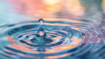 "A delicate droplet of water falls gracefully into a calm surface, creating ripples that shimmer with reflections of pink, blue, and golden light, symbolizing peace, beauty, harmony, and endless natur