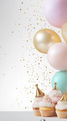 cupcakes, birthday crown, and cluster of balloons in pastel tones on light pink background with copy space. Happy birthday Invitation card for girls, woman