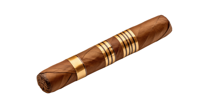 A close up shot of a brown cigar with gold bands on a black background in a studio setting style shot