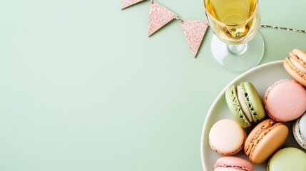 plate of colorful macarons, champagne flute, and mini birthday banner hanging subtly above on pale mint-green background with copy space for text