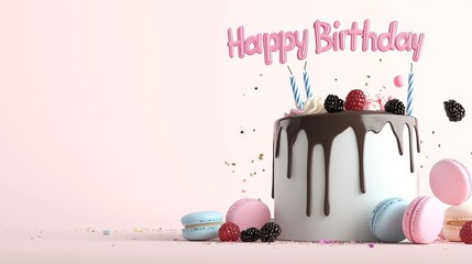 Birthday Cake with Sparkling Candles, Colorful Macarons and Cupcakes, Happy Birthday Text on Pastel Pink Background with Copy Space