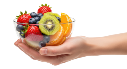 a hand offering a glass bowl of fresh fruit salad a burst of sunshine, vitamins, and healthy delight, isolated on transparent background