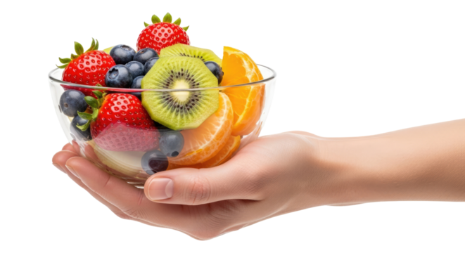 a hand offering a glass bowl of fresh fruit salad a burst of sunshine, vitamins, and healthy delight, isolated on transparent background