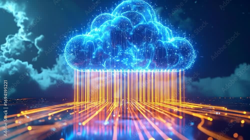 Aufkleber illustrative digital cloud computing visualization with neon lighting and data streams