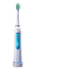 A white and blue electric toothbrush with a green brush head, isolated on a transparent background