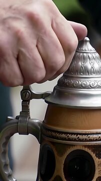 Close-up of a traditional German beer stein lid rhythmically flipping open and closed with a satisfying thumb lever motion.