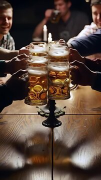 Overhead view of a long wooden table with dozens of golden beer steins raised in unison for a celebratory toast, the amber liquid catching the light.