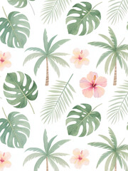 Tropical Watercolor Seamless Pattern with Palm Trees, Monstera Leaves, and Hibiscus Flowers