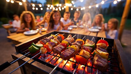 Family and friends enjoying a summer barbecue with grilled skewers and string lights