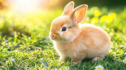 Fototapeta premium Cute Little Bunny Grass Water Flower Sunny Meadow Easter Celebration Adorable Animal Concept 