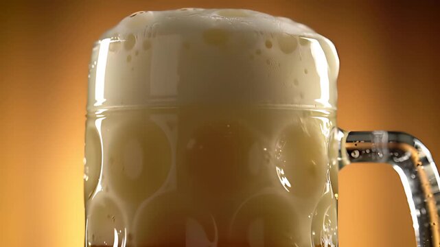 Golden German beer poured into a liter ma&szlig;krug, creating a thick, creamy foam head that forms perfectly.