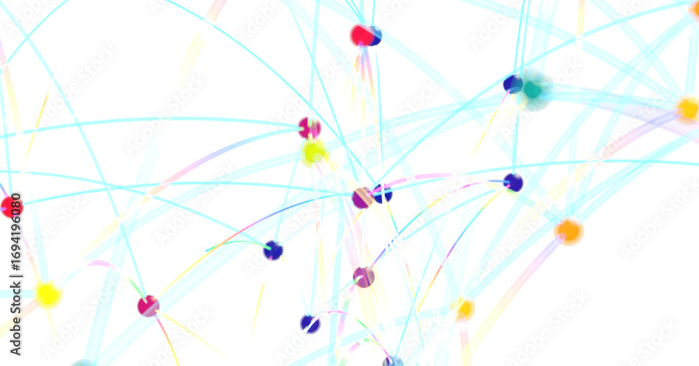 Poster stock photo of abstract network connections with colorful dots and lines on white background. ideal 
