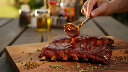 Chef basting delicious barbecue ribs with a rich tomato sauce on a wooden board