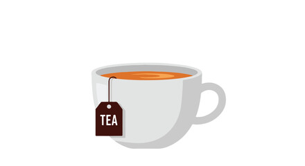 Illustration of a steamy cup of tea with a tea bag label, perfect for relaxation and beverage themed designs, isolated on white backdrop