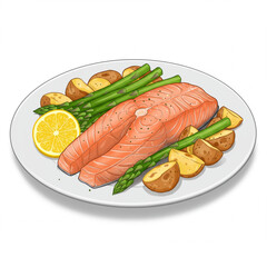 Delicious Grilled Salmon with Asparagus, Potatoes, and Lemon on a Plate