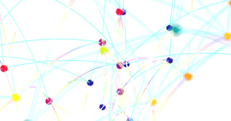 Stock photo of abstract network connections with colorful dots and lines on white background. Ideal for technology, communication, and connection concepts.