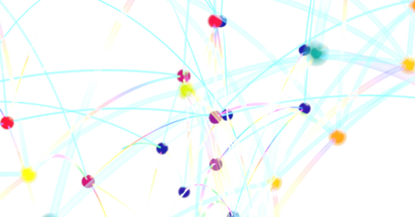 Stock photo of abstract network connections with colorful dots and lines on white background. Ideal for technology, communication, and connection concepts.