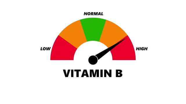 Animated vitamin B1 level meter decreasing from normal to low level, for to vitamin B1 deficiency, nutrition and energy metabolism