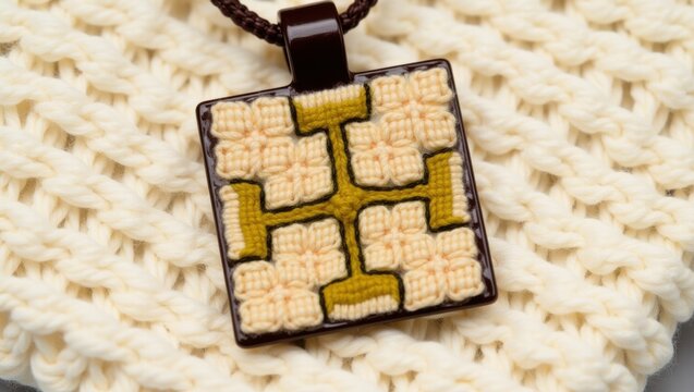 Handcrafted knitted pendant with yellow and brown yarn design