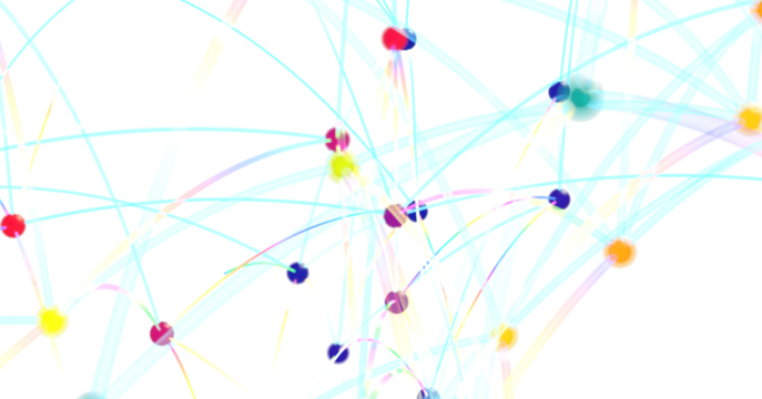 Stock photo of abstract network connections with colorful dots and lines on white background. Ideal for technology, communication, and connection concepts.