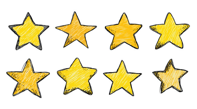 Set of eight hand-drawn yellow stars in a sketchy clip art style