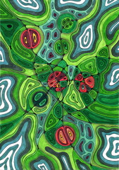 An abstract composition with wavy shapes and a bright color palette. The main shades are green, with splashes of red, yellow, white and blue. The shapes resemble both a topographic map.