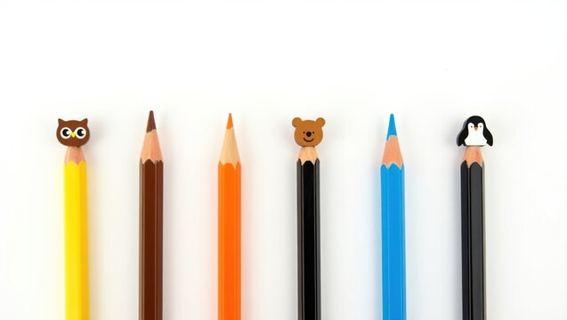 Colorful animal-themed pencils lined up on a clean white background
