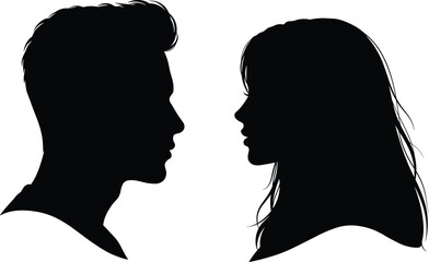 Silhouette of man and woman face to face, romantic couple profile illustration, love relationship concept, people side view, vector art
