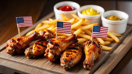 Delicious chicken wings and french fries with american flags on a wooden board