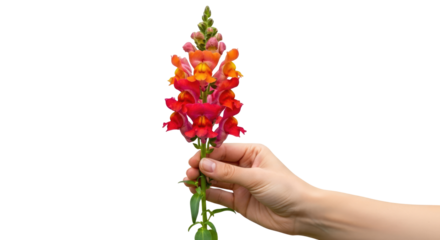 a hand offering a snapdragon bouquet vivid colors, summers gentle embrace, and joyful celebration, isolated on transparent background
