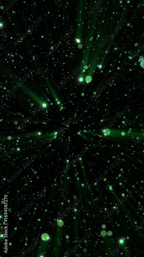 Poster Green glowing particle rays emitting from a central point, creating a burst effect against a dark background